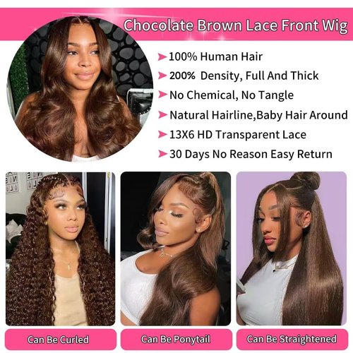 Auburn Brown Body Wave Lace Front Wig - 200 Density, HD Transparent Lace, Glueless, Baby Hair, Chestnut Brown Colored Human Hair Wig - 13x6