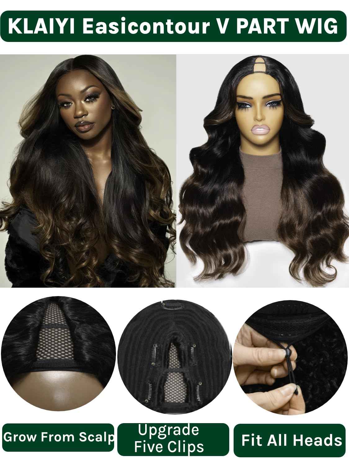 KLAIYI Ombre Brown V Part Wig Body Wave Human Hair Upgrade U Part Wig with Dark Roots Glueless Chestnut Brown Clip in Half Wig No Glue No Leave Out Beginner Wigs for Women Wear and Go Wig 150% 16Inch