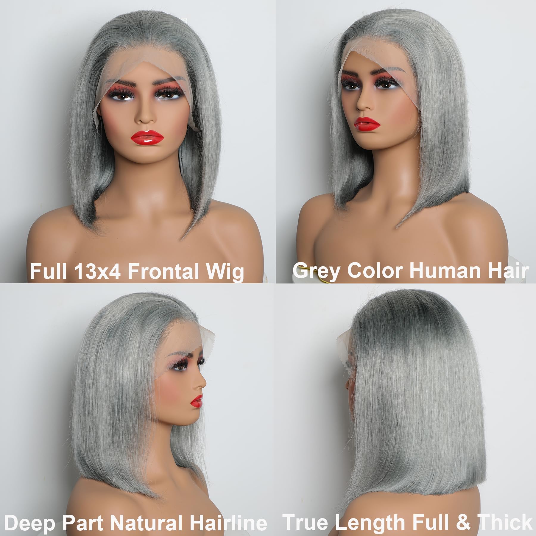 GIRLOFDREAMS Grey Color Short Bob Wig Human Hair 13x4 Straight Lace Front Wigs Glueless 180 Density Pre Plucked with Baby Hair Brazilian Remy Gray Colored Transparent Frontal Lace Wigs for Black Women
