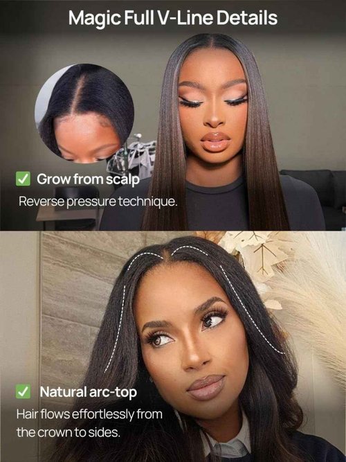 Nadula Yaki Wavy V Part Drawstring Wig Human hair with Blow Out Bangs, Glueless EasiContour Vpart Wigs No Leave Out Beginner Friendly Clip In V Shape Wigs Upgrade Wavy U Part Wig 150% Density 16inch
