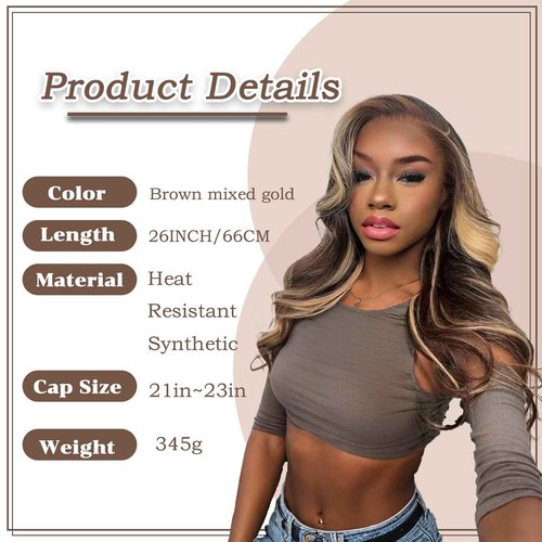 Honey Brown Body Wave Synthetic Wig 26 Inch Lace Front Ombre Brown balayage Wig Pre Plucked Pre Cut 13 * 4 HD Lace Heat Resistant Synthetic Highlights Wig for Women