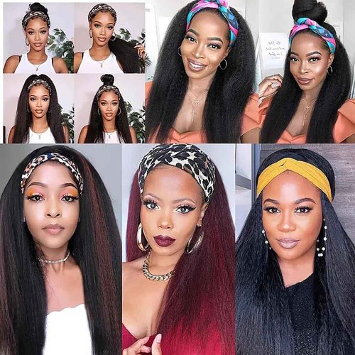 Headband Wigs For Black Women Human Hair 12A 180 Density Yaki Straight Headband Wigs Human Hair Kinky Straight Headband Wig Half Wigs For Black Women 20 inch