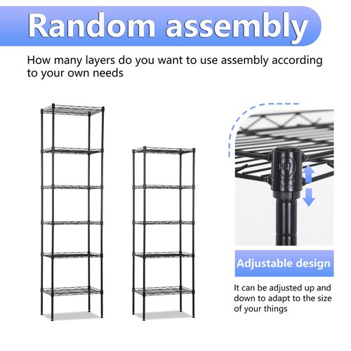 BestOffice | 6-Tier Wire Storage Shelves | 17x12x64 | Black | with Adjustable Racks | Heavy-Duty Metal Shelf, Holds Upto 600 lbs | No-Tool Assembly | Ideal for Home & Garage Shelving