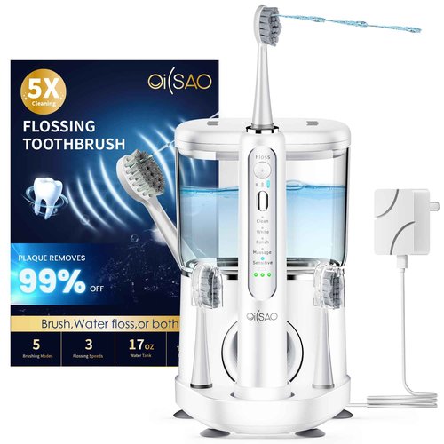 OILSAO Electric Toothbrush with Water Flosser, Professional Sonic Flossing Toothbrush with 5 Brush Modes & 3 Floss Speeds, 500ML Electric Flosser Combo for Teeth Cleaning,White