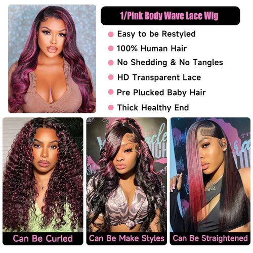 KeaBalo Ombre Lace Front Wig Human Hair Skunk Stripe Human Hair Wigs 13x4 Hd Lace Frontal Body Wave Highlight Pink and Black Colored Wigs Human Hair 180% Density 26 Inch