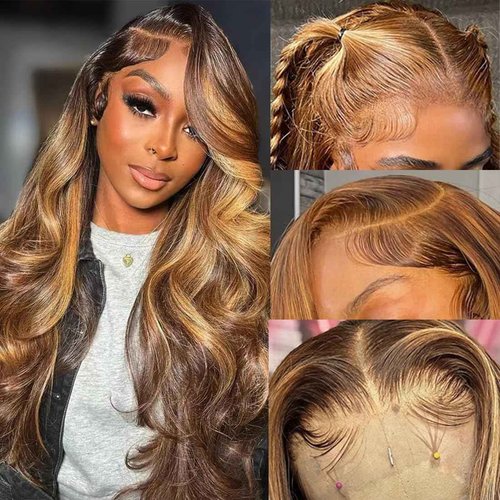 SWEETGIRL 26 Inch Highlight Ombre Lace Front Wig Human Hair 13x6 Lace Front Wigs Pre Plucked Body Wave Lace Frontal Wigs Colored Human Hair Wigs for Women 180% Density
