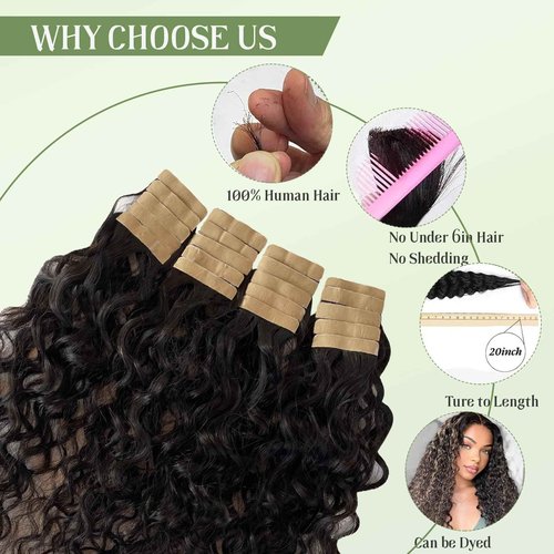 Tape in Hair Extensions Natural Black Wavy Real Human Hair Tape ins Hair Extensions Human Hair 50g Nautural Black Water Wave Tape ins for Black Women 22inch 20pcs