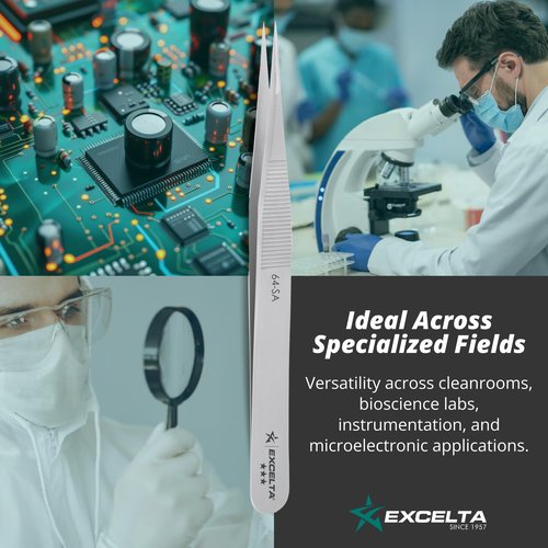 Excelta 64-SA Precision Tweezers, Straight Fine Tip, 4.75" Anti-Magnetic 316L Neverust Stainless Steel, Serrated Handle, ESD-Safe, Swiss-Made Tool for Electronics, Lab Use, Cleanroom & Forensics