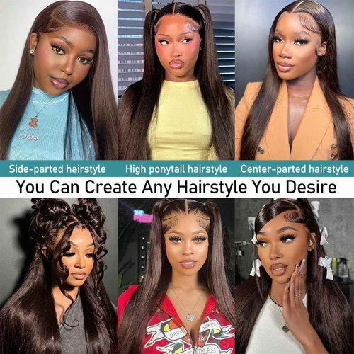 Azkiu 32 Inch Brown Straight Lace Front Wigs Human Hair Straight 13x4 HD Lace Frontal Human Hair Wig Pre Plucked 180% Density Brazilian Virgin Human Hair Wig with Baby Hair for Women