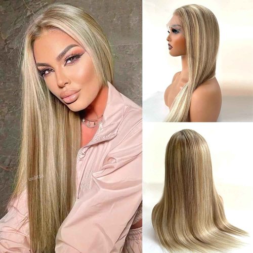 Ash Blonde Highlights Wig Ash Brown Rooted Balayage Ash Blonde Highlighted Lace Front Wigs Human Hair Pre Plucked 13x4 HD Lace Frontal Human Hair 16 Inch 180% Density Highlights Wigs for White Women