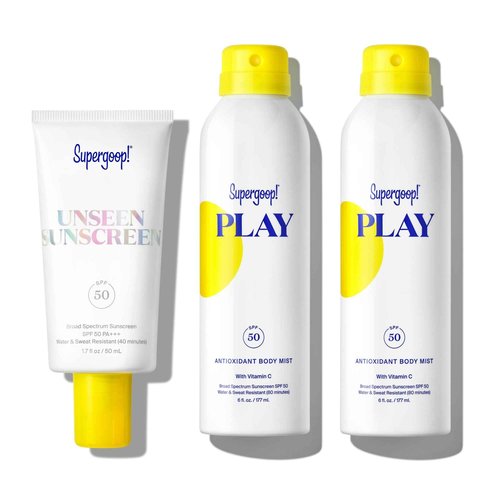Supergoop! Unseen Sunscreen SPF 50 Invisible Sun Protection for Face (1.7 fl oz) + PLAY Antioxidant Body Mist SPF 50 (Pack of 2, 6 fl oz Each) - Broad Spectrum Body & Face Sunscreen