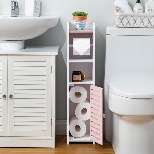 AOJEZOR Toilet Paper Holder Stand: Small Bathroom Storage Cabinet - Pinkish Rose - White