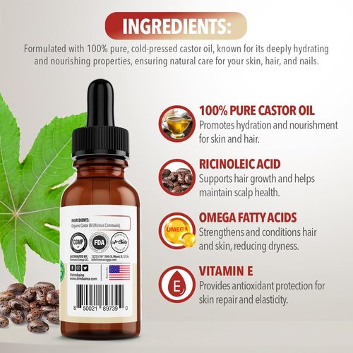 Dr. Robaina Organic Castor Oil – Cold-Pressed for Hair Growth, Eyelash & Eyebrow Care, Skin Hydration & Nail Strength – Pure Vegan Moisturizer – Made in USA, 4 oz