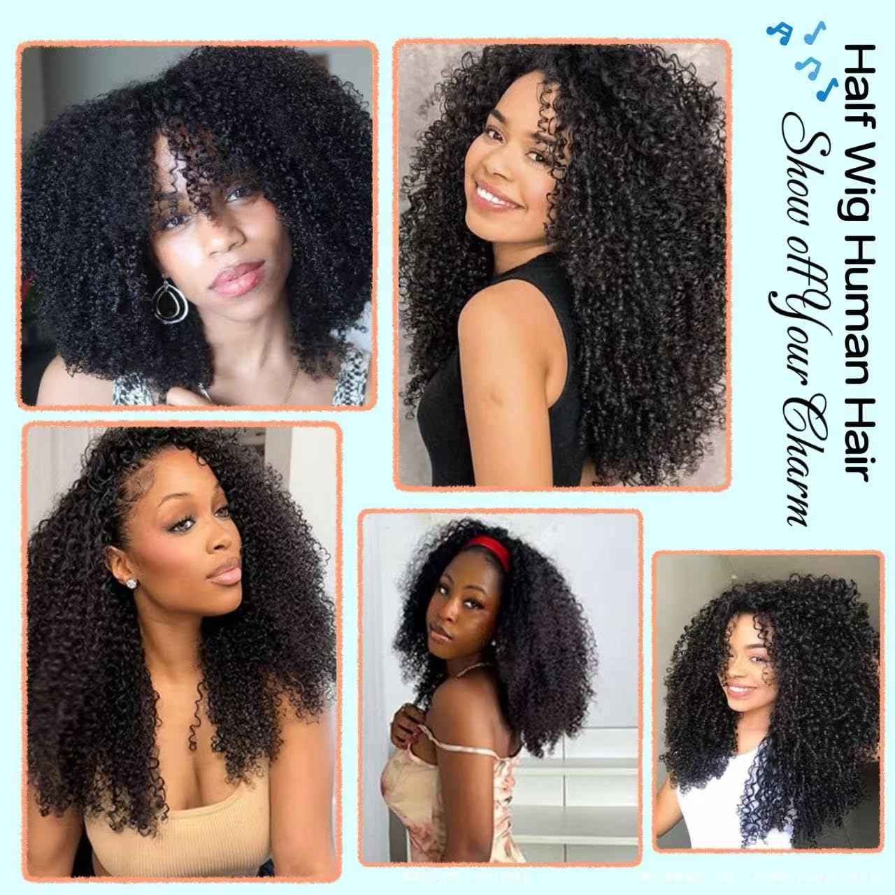 Kinky Curly Half Wig Human Hair Drawstring Seamless Flip Over Half Curly Wig Human Hair Invisible Hairline Glueless Wear and Go Wigs For Black Women Beginner Friendly 20Inch 200% Density