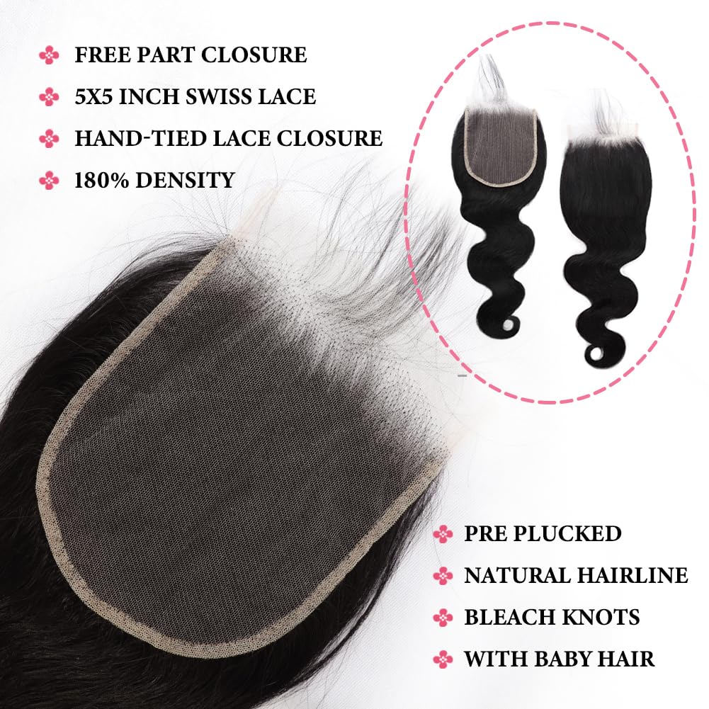 12A Human Hair Bundles with Closure Body Wave Bundles 16 18 20+14 Inch 5X5 HD Lace Closure Human Hair 100% Brazilian Virgin Hair Extensions 3 Bundles Hair Quick Weave Bundle Natural Black for Women
