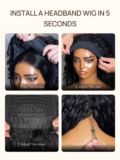 Nadula Water Wave Headband Wig Human Hair with Drawstring – Glueless HookFit Wet and Wavy Half Wig Beginner Friendly, Ready to Wear Clip in Half Wigs for Women Natural Black Color 16inch