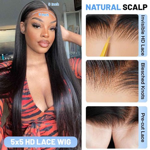 ZIYGBK Wear and Go Glueless Wigs Human Hair Pre Plucked Pre Cut 5x5 HD Lace Closure Wigs Human Hair Straight with Baby Hair Straight Human Hair Wig for Beginners Natural Black 200% Density 30 Inch
