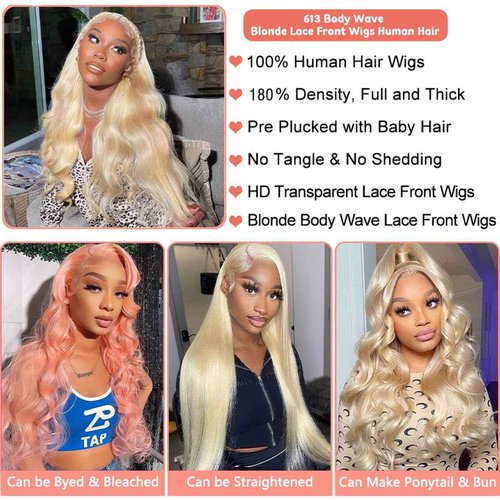 NANTLIY 613 Lace Front Wig Human Hair 13x4 HD Transparent Blonde Lace Front Wigs Human Hair 24inch Blonde Body Wave Lace Front Wigs Human Hair Pre Plucked Glueless Blonde Wig Human Hair 180% Density