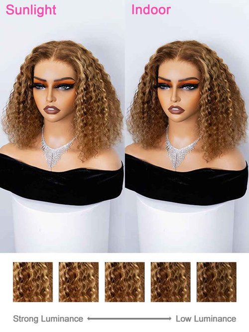 Highlight Blonde Wear and Go Glueless Wigs Human Hair Pre Plucked Pre Cut, 5x7 OQ Hair Glueless Wigs 4/27 Water Wave Short Curly Bob Wig Human Hair for Women 4/27 Color 16Inch