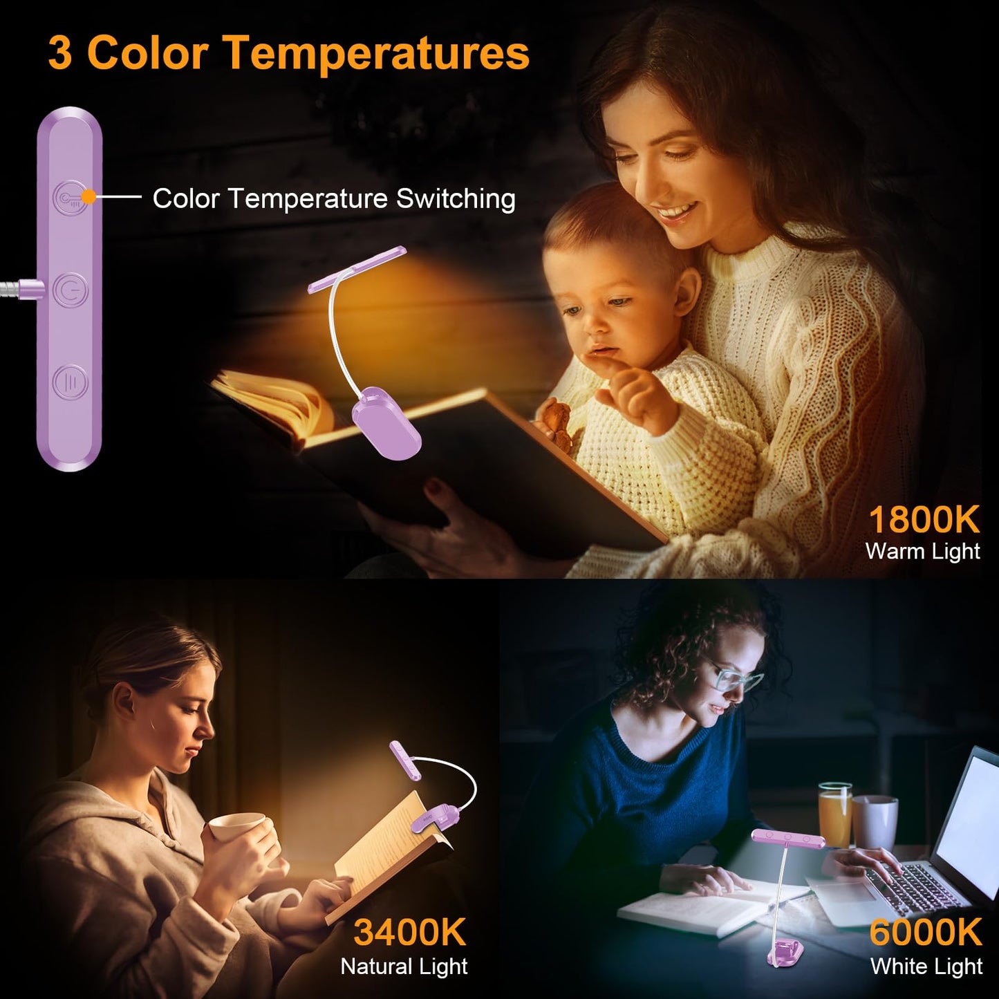 Gritin Rechargeable Book Light for Reading in Bed with 19 LED &Memory Function-Eye Caring 3 Color Temperatures,5 Brightness Levels,80 Hrs Runtime Flexible Goose Neck Clip on Light-Purple