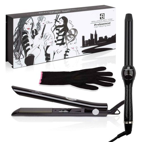 Brilliance New York Pro 1" Flat Iron & Clipless Curling Iron Duo, Black