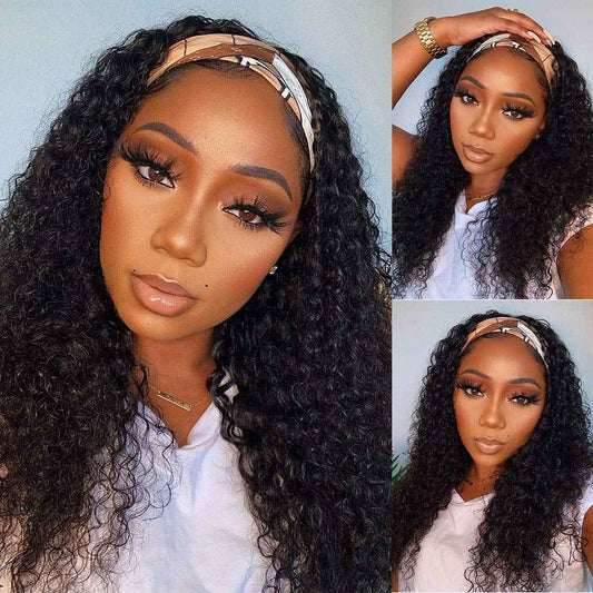 mengkai 18 Inch Headband Wig Human Hair Curly Headband Wigs Human Hair Glueless Wigs Human Hair Pre Plucked None Lace Front Wigs Human Hair With Headband Attached Headband Wig Curly Machine Made