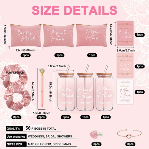 KIKINIKO 56 pcs Bridesmaid Gift Set, Pink: 16oz Glass Cups, Makeup Bags, Invitation Cards, Scrunchies, Hair Bracelets, Diamond Pens, Love Clips - Perfect for Bridesmaids or Special Occasions