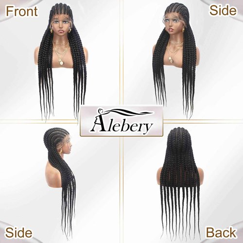 Alebery 36" Full Lace Braided Wigs for Black Women Jumbo Box Braids Lace Front Wig with Baby Hair Lightweight Synthetic Lace Frontal Black Cornrow Twisted Wigs (Black)