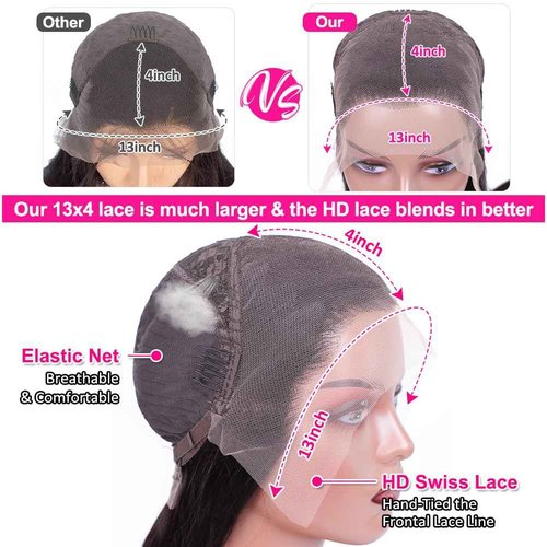 Pizazz Deep Wave Lace Front Wigs Human Hair Pre Plucked180 Density 13x4 HD Lace Frontal Human Hair Wigs with Baby Hair (16 Inch, Black color)