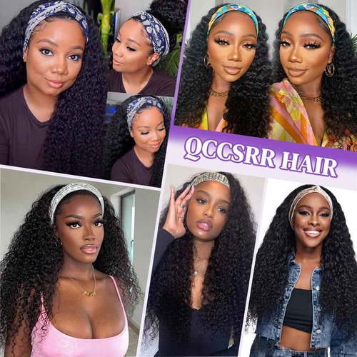 QCCSRR Curly Headband Wig Human Hair 24 Inch Glueless None Lace Front Deep Curly Wig Wear and Go Wigs for Black Women Machine Made Headband Half Wigs 180% Density Natural Color
