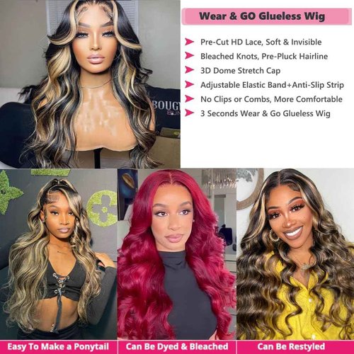 Highlight 5x5 HD Lace Closure Wigs Wear and Go Glueless Wigs Human Hair Pre Plucked Pre Cut 1B/27 Honey Blonde Body Wave Lace Front Wigs Human Hair for Women 180% Density 26Inch