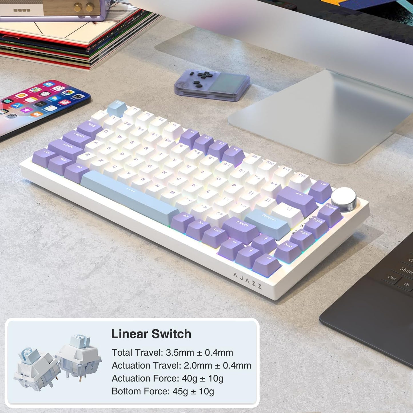 AJAZZ AK820 75% Wired RGB Gasket Mechanical Keyboard with Volume Knob, Compact 82 Keys Hot-Swap Keyboard, OME Profile PBT Keycap, Detachable Type-C Cable (Purple&Blue)