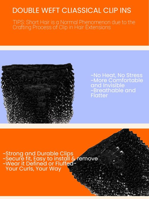 HDENSE Curly Human Hair Clip in Extensions Brazilian Virgin For Women Soft Double Weft Natural Black Color 3B 3C Kinky Curly Clip Ins 8Pcs 4.23oz 16Inch