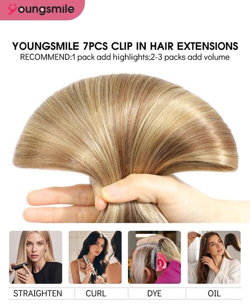 Youngsmile Human Hair Extensions Clip in Extensions 7Pcs 16 Inch 140g,Balayage Golden Brown to Caramel Blonde Clip in Remy Hair Extensions Soft Silk Straight Thick End (7C#10/27/27-16inch)