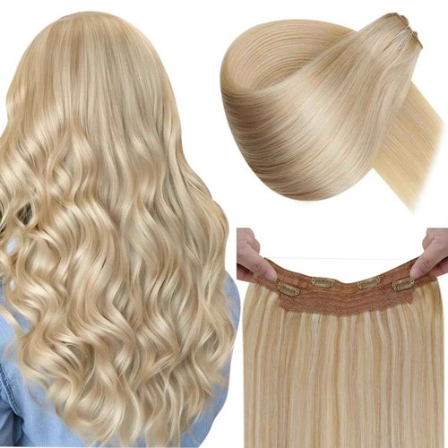 LaaVoo Invisible Wire Hair Extensions Human Hair Golden Brown Mixed Light Blonde Wire Human Hair Fish Line Extensions One Piece Human Hair Extensions 20 Inch 100g
