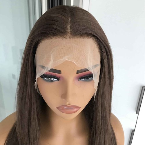 mytonecoo 13x4 Chocolate Brown Lace Front Wig Synthetic Hair HD Transparent Straight Lace Frontal Wigs Pre Plucked Brown Wig Colored Synthetic Lace Wigs for Women Long Layered Wig Daily 22inch