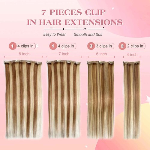Royaomis Clip in Hair Extensions Real Human Hair, 18inch 140g 7pcs Human Hair Clip in Extensions for Women, Remy Blonde Hair Extensions Clip Ins, Soft & Natural Human Hair Extensions(18-#P18_613)