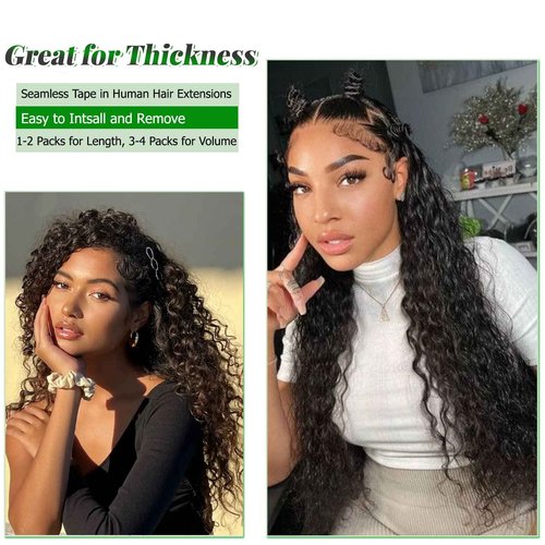 Invisible Tape in Hair Extensions Human Hair 24 Inch Water Wave Natural Black Tape in Extensions Human Hair 50grams 20pcs Full Head Curly Real Hair Extension Tape ins for Black Women