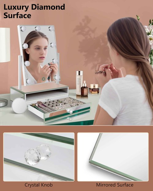Star Vision 2-in-1 Large Lighted Hollywood Mirror & Glass Jewelry Organizer, 3 Color Tones & Dimmable Light, 2-Layer Drawers, Luxury Crystal Diamond Effect Surface, Includes a 10X Magnification Mirror
