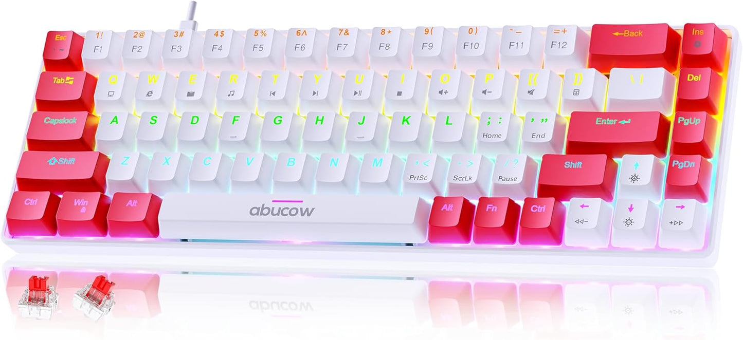 abucow 60% Mechanical Keyboard with Colorful Backlight 68-Key Gaming Keyboard White Red Keycaps - Red Switches for a Premium Typing and Gaming Experience PC Mac (White-Red)