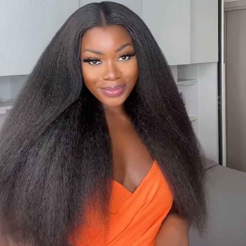 VIVIBABI Wear & Go Glueless Wigs Human Hair Pre Plucked Pre Cut Kinky Straight Glueless Wig for Beginners 6x4 Lace Closure Wigs Human Hair for Black Women 180% Density Natural Color 24Inch