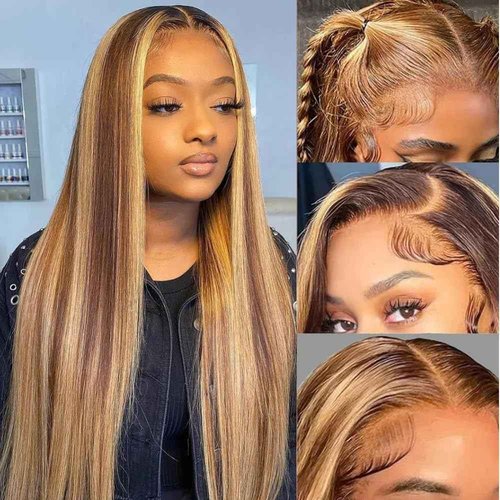 Kineko Highlight Lace Front Wig Human Hair Ombre 13x4 Straight Human Hair Highlight Honey Blonde HD Human Hair 24 Inch Full Frontal Glueless Wigs Human Hair Pre Plucked P427
