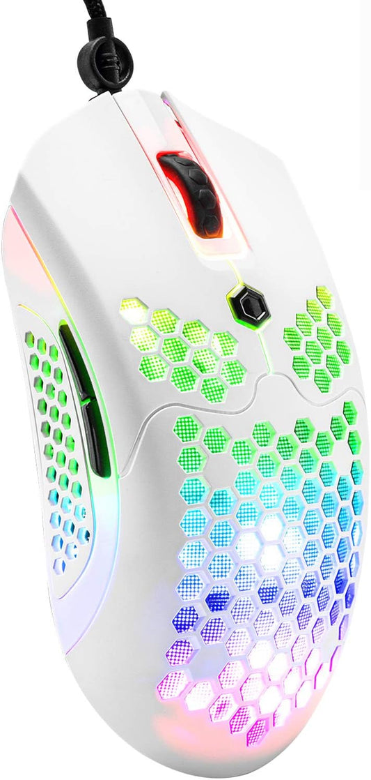 ZIYOU LANG M5 RGB Lightweight Wired Gaming Mouse with 12000 DPI 6 Programmed Buttons,65G Honeycomb Shell,Ultralight Ultraweave Cable,Pixart 3325 Optical Sensor Gamer Mice for Laptop PC Mac(White)