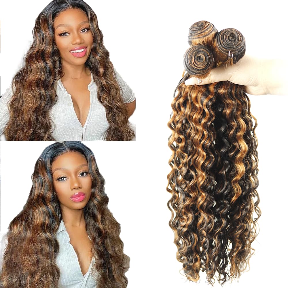 Highlight Human Hair P1B/30 Deep Wave Ombre Bundles - Unprocessed Virgin Hair 3 Bundles 16 18 20 Inch Two Tone Black Mixed With Brown