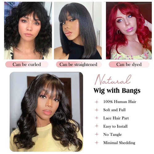 Fancy Hair Wavy Brazilian Virgin Human Hair Wigs with Bangs for Black Women Lace Middle Part Glueless Body Wave Wig With Bangs for Women Natural Black 18 inches
