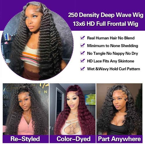 Misscity 13x6 Deep Wave Lace Front Wigs Human Hair 250 Density 18 Inch, Tangle Free, Shedding Free, Pre Plucked With Invisible Hairline, Full Volume Suitable For Daily Wear
