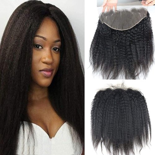 Voloria 13x6 Kinky Straight Closures Ear To Ear Free Part Brazilian Remy Virgin Human Hair with Baby Hair Invisible Knots Natural Color 14INCH