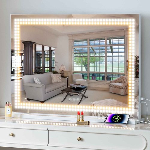 Misavanity Vanity Mirror with Lights Dots Makeup Mirror with LED Lights 31.5" x 22.8" Tempered Glass Lamp Bead Touch Screen Control Dimmable 3 Colors Modes USB Charging Port 10X Magnification, White