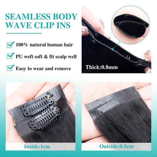Liqusee Seamless Clip In Hair Extensions Real Human Hair Invisible PU Skin Weft Body Wave Clip Ins 100% Unprocessed Brazilian Remy Human Hair Extensions 7pcs with 16Clips 110g（Natural Black,18 inch）