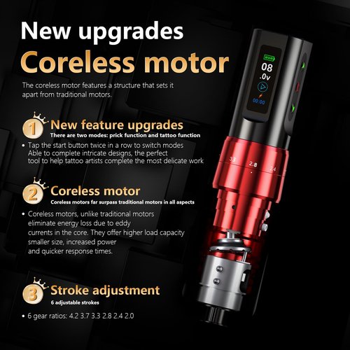 BIGWASP Z3 Wireless Rotary Tattoo Machine Pen, 6 Adjustable Stroke Lengths, 1,800mAh Battery with Extra Battery, Coreless Motor for Professional Artists - Black